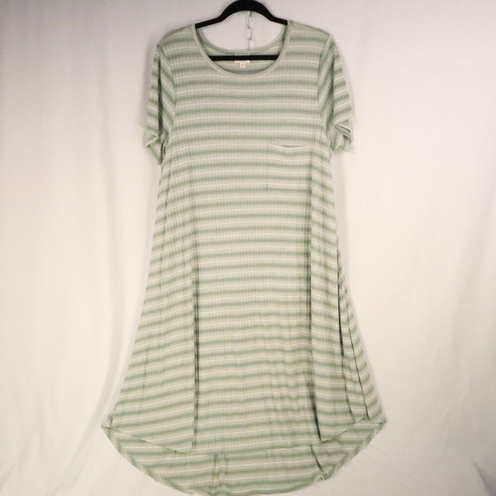 T-shirt Pocket Dress midi Green/white Stripe Soft Size 3XL LulaRoe Hi/Lo Hem